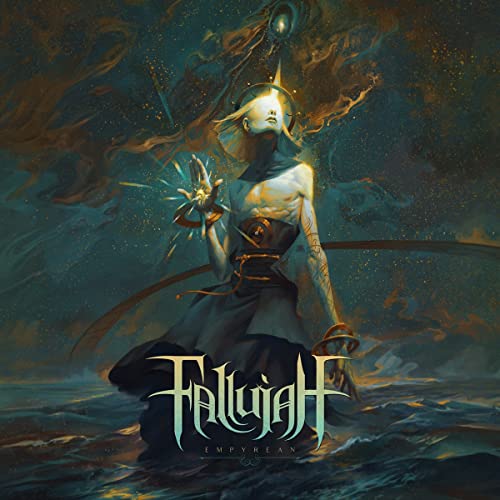 A surreal figure with a glowing head stands in dark water against a cosmic background.
