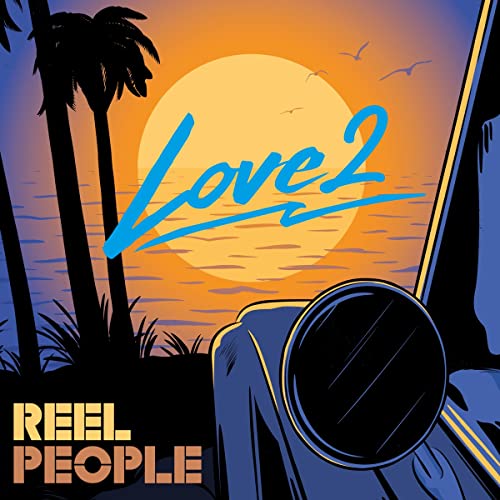 CD cover: sunset, palm trees, ocean view, and blue “Love 2” text.