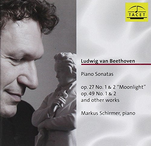 CD cover featuring a man and a bust with Beethoven's piano sonatas information.