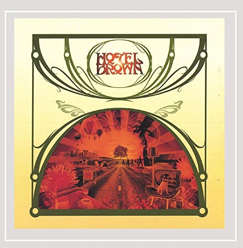 "Album cover with yellow background, green border, and red-toned surreal landscape scene."