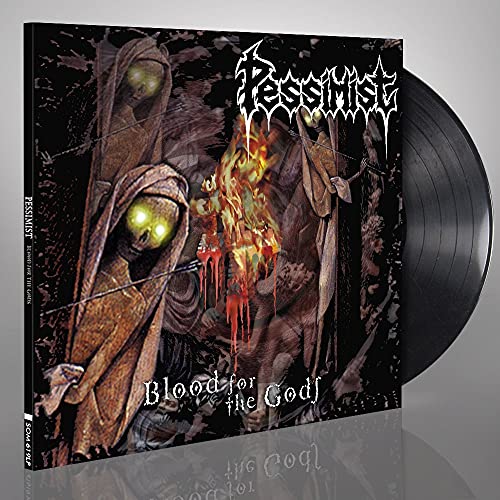 Vinyl record of Pessimist’s “Blood For The Gods” album with dark, gothic cover art.