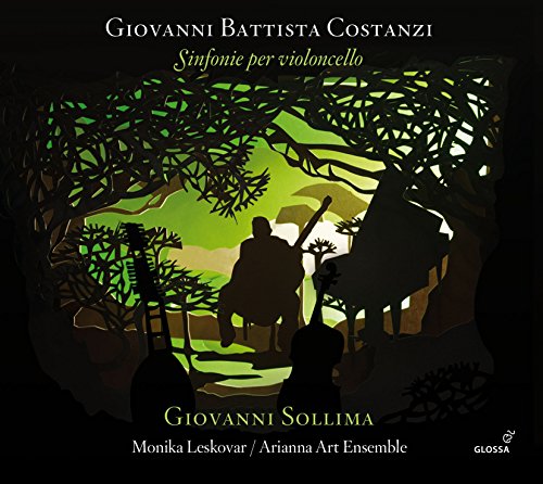 "CD cover featuring silhouetted cellist in a serene, green-lit forest landscape."