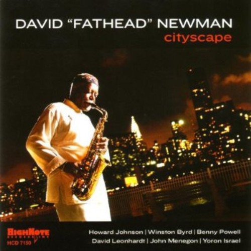 "Album cover featuring a man playing saxophone against a city skyline at night."