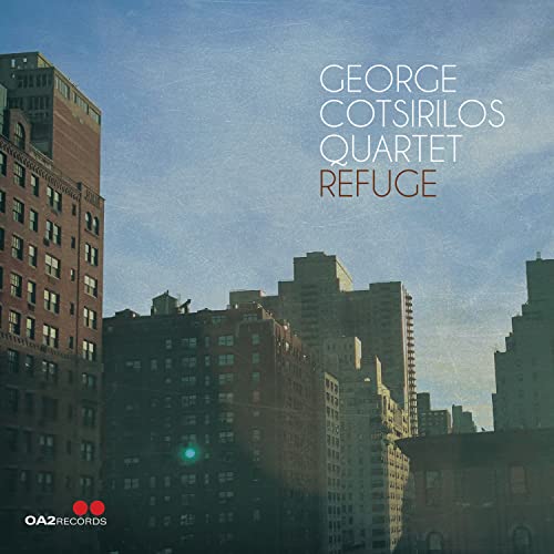 CD cover for George Cotsirilos Quartet’s “Refuge” with a city skyline.