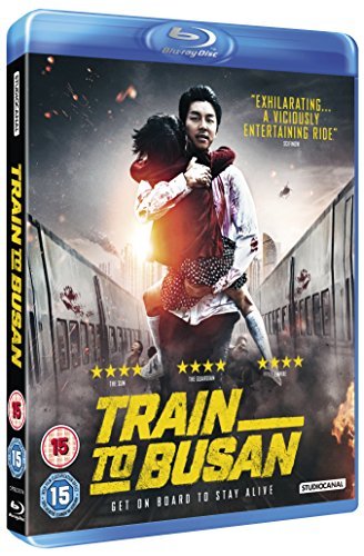 Blu-ray cover art for Train to Busan featuring a man carrying a small child.