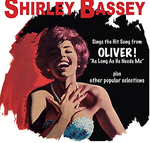 Shirley Bassey album cover, painted portrait with red and black background.