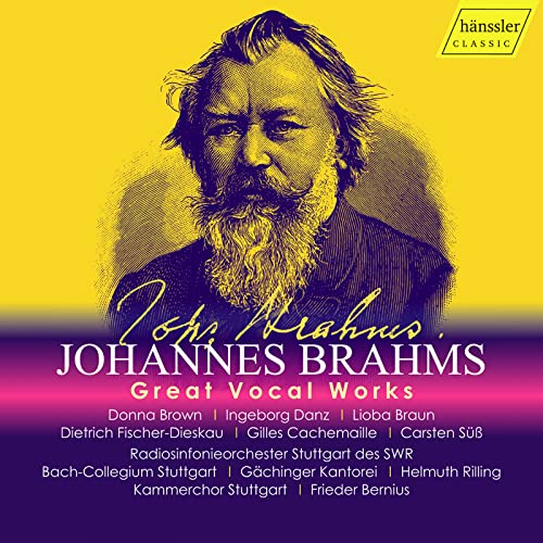 CD cover featuring a portrait of composer Johannes Brahms in gold and purple.