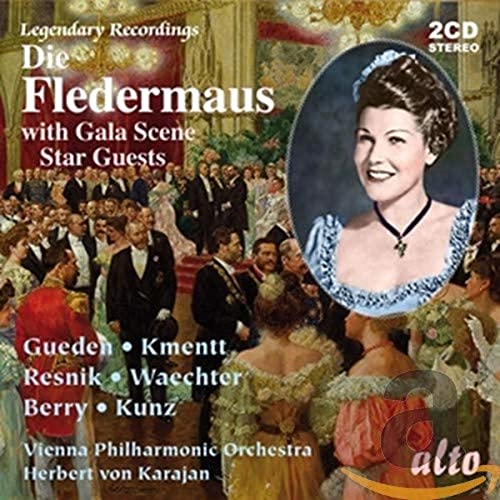 CD cover for "Die Fledermaus" opera, featuring a portrait and gala scene.