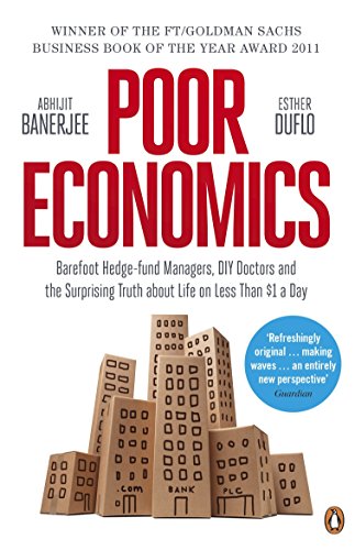 "Book cover of 'Poor Economics' with cardboard cityscape and red title on beige background."