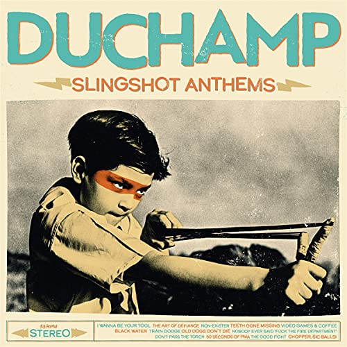 CD cover for Duchamp’s “Slingshot Anthems” featuring a boy with a slingshot.
