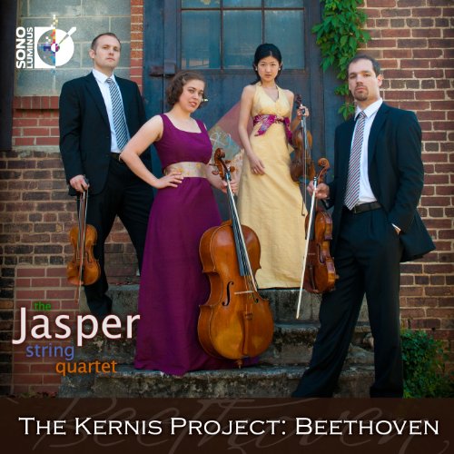 Four musicians with string instruments stand on brick steps outdoors.