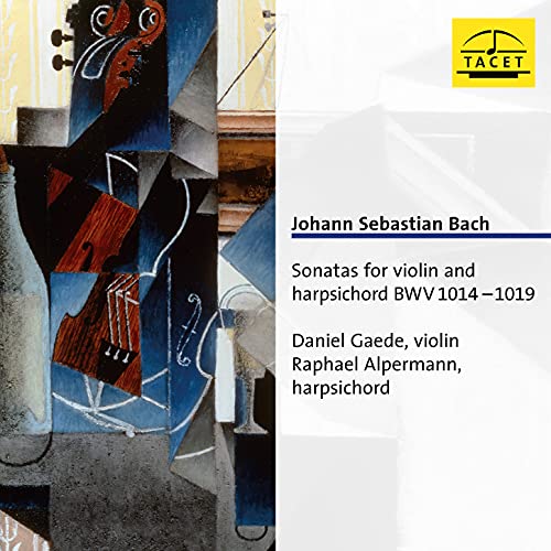 "CD cover with abstract violin art and text describing Bach sonatas for violin and harpsichord."