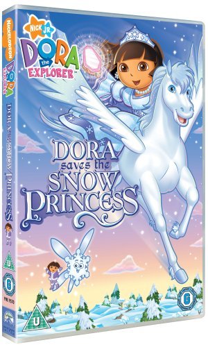"DVD case featuring Dora the Explorer on a white unicorn in a snowy scene."