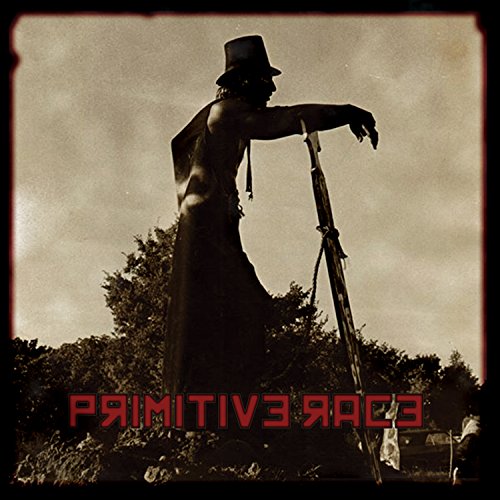Album cover with a man in a top hat, holding a rifle, and red text.