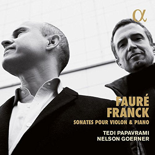 Black and white image of two men, with gold and white text overlay.