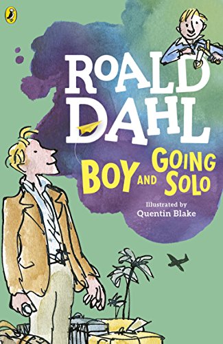 "Book cover featuring cartoon man and boy, with title 'Boy and Going Solo' by Roald Dahl."