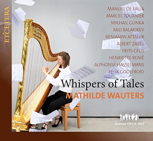 CD cover featuring harpist Mathilde Wauters with sheet music and composers’ names.