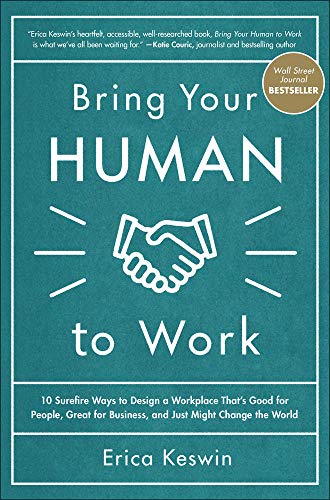 "Book cover with handshake graphic, teal background, and white text, titled 'Bring Your Human to Work'."