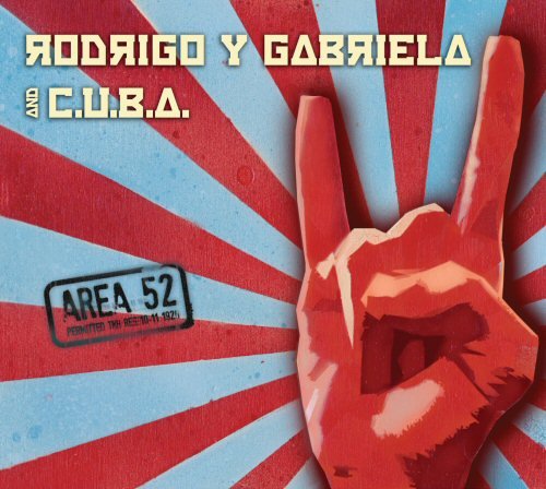 "Album cover with red hand and red and blue sunburst pattern."