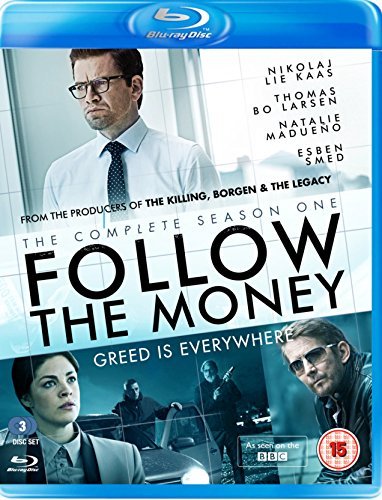 "Blu-ray case for 'Follow The Money' with main characters and title on the cover."