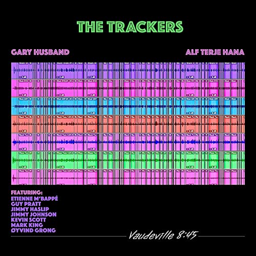 CD cover for “The Trackers - Vaudeville 8:45” with colorful waveform graphics.