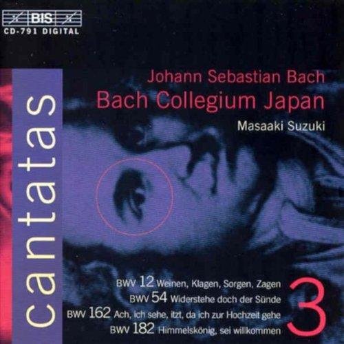 "CD cover with abstract blue image, text 'Cantatas 3' and 'Bach Collegium Japan'."