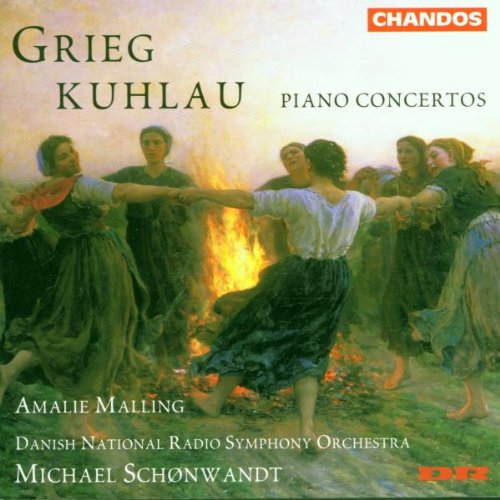 "CD cover with painting of people dancing around a fire, classical music theme."