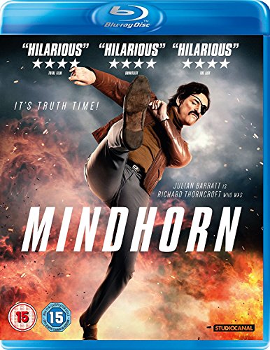 Mindhorn" Blu-ray cover featuring a man in mid-air martial arts pose.