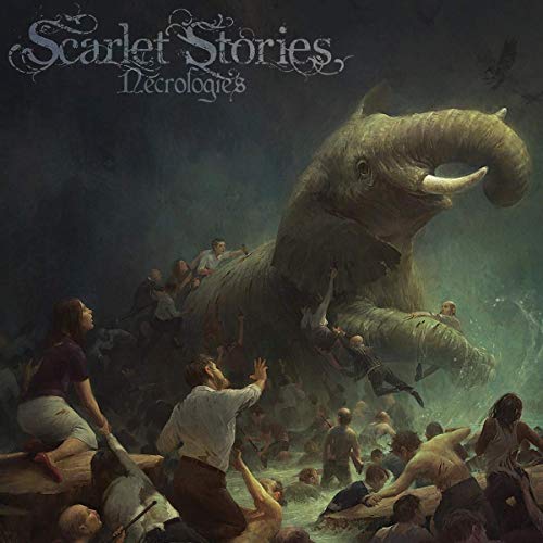 Painting of an elephant towering over people in a chaotic scene.