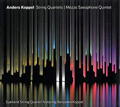 CD cover with abstract vertical lines in rainbow colors, text details composers and performers.