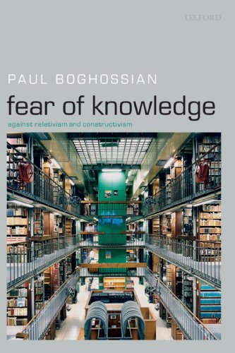 The image is a book cover featuring a multi-level library. Alt text: Book cover with a multi-level library and title "Fear of Knowledge".