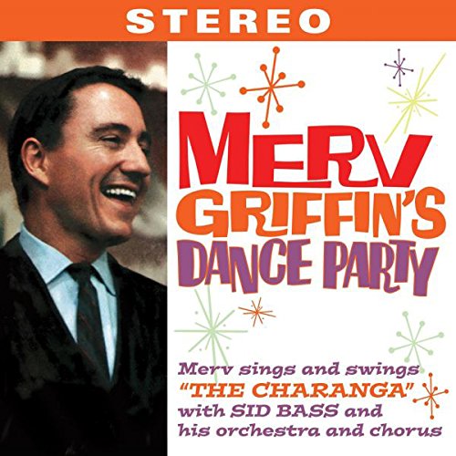 "Merv Griffin's smiling portrait beside colorful album cover with starburst designs and text."