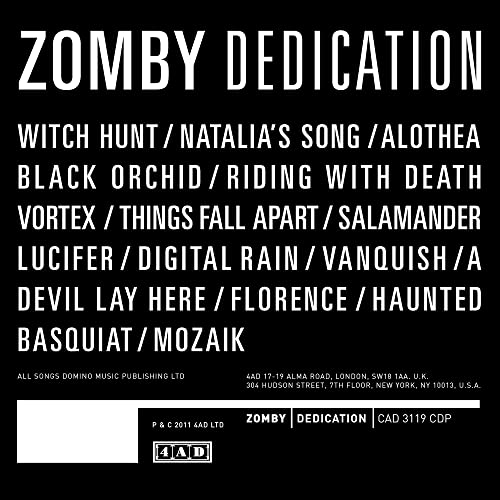 Black background with white text listing songs from Zomby’s “Dedication” CD.