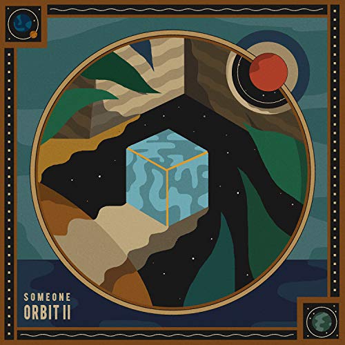 Vinyl record cover: abstract landscape with a blue cube and red circle.