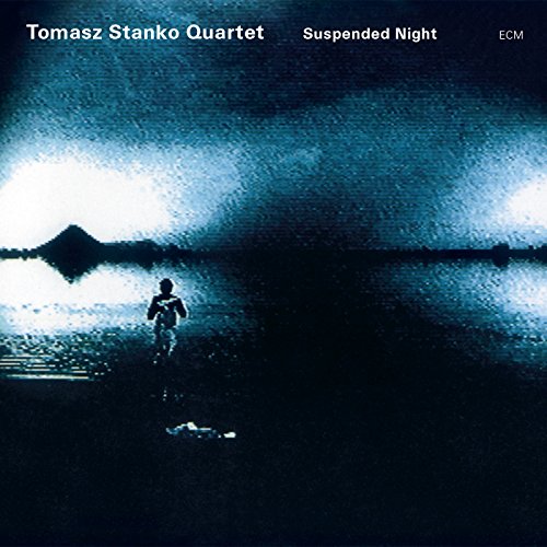 Album cover with a person standing in water, dark blue tones, and a cloudy sky.