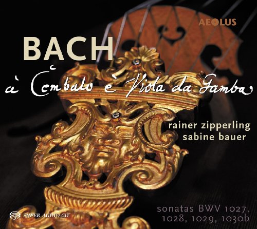 CD cover for Bach sonatas featuring ornate gold viola da gamba detail.
