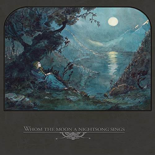 Painting of a woman beneath a tree, illuminated by a full moon over water.