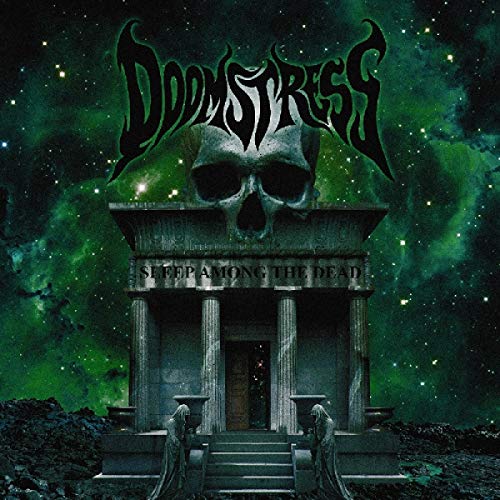 Album cover: skull above a stone structure in a dark, starry landscape.