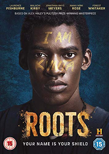 DVD cover for "Roots" featuring a young Black man with painted text.