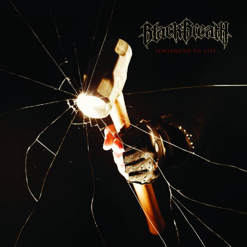 "Album cover with a bloody hand breaking through shattered glass, black background."
