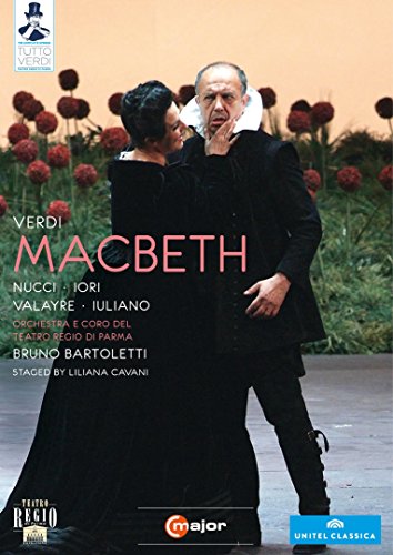 DVD cover for "Macbeth" featuring two actors in black, with red flowers in background.