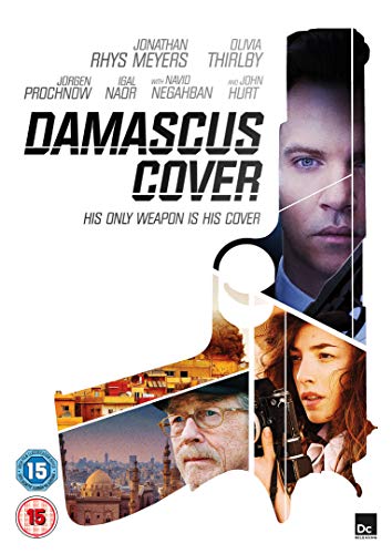 "DVD cover for 'Damascus Cover' with actor images and cityscape on a white background."