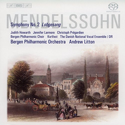 "CD cover with 'Mendelssohn' in large gray text and a 19th-century cityscape illustration."