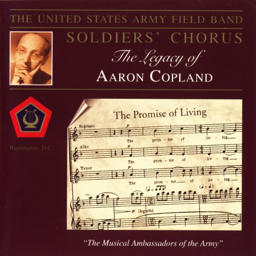 "CD cover featuring Aaron Copland portrait, sheet music, and red logo on maroon background."