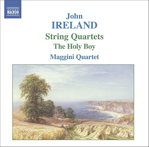 "CD cover with serene landscape painting and text about John Ireland's string quartets."