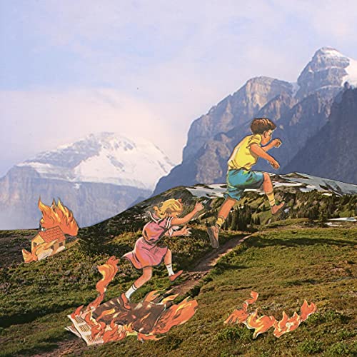 Two children running from a burning house in a mountainous landscape.