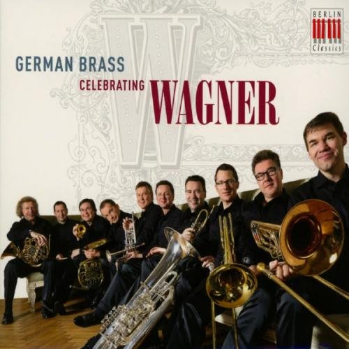 "CD cover featuring 10 men in black holding brass instruments, with text and logo."