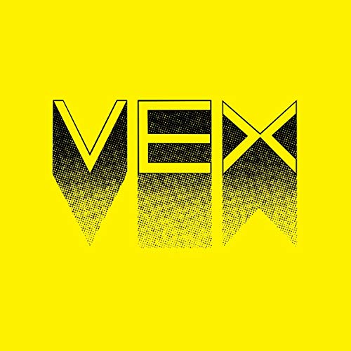 Yellow background with the band name "VEX" in textured, black and white lettering.