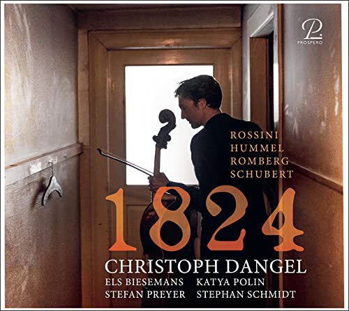 CD cover featuring a cellist in front of a wooden door, with “1824” prominent.