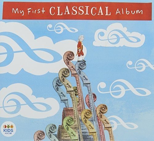 "Album cover with cartoon man standing on stacked violins against a blue sky."